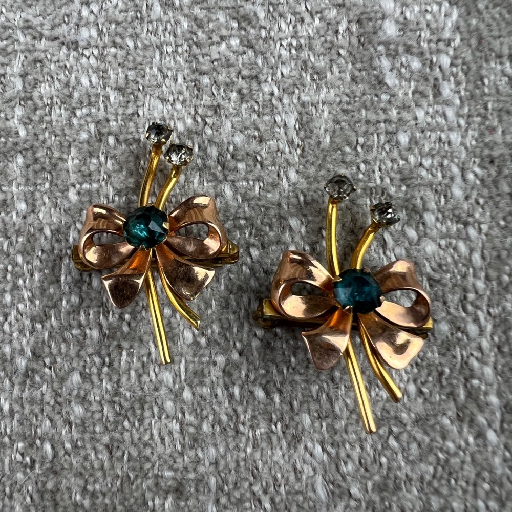 Van Dell Brooch Pins Gold Green Bow Vintage 12K Gold Filled MCM Rhinestone Set